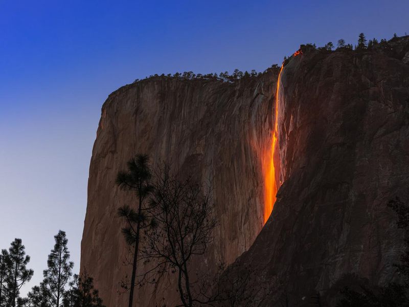 The Horsetail Waterfall in Yosemite National Park in California as the Fire Fall during winter