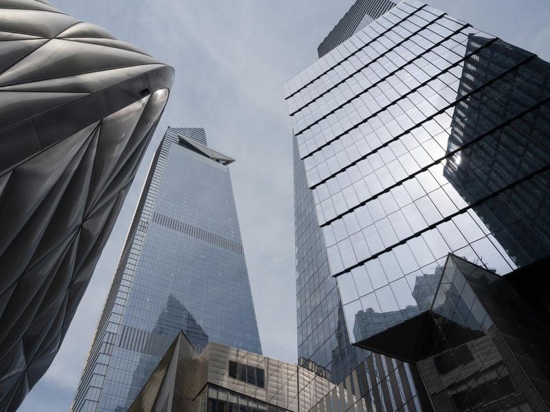 The Shed (left), 30 Hudson Yards (center) and 10 Hudson Yards (right) at Hudson Yards, seen from below.