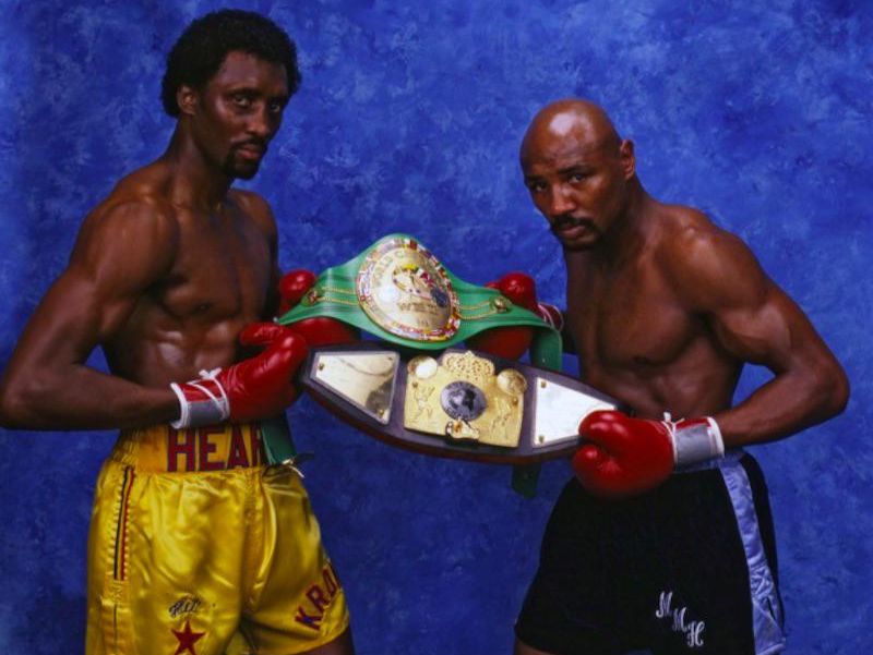 Thomas Hearns and Marvelous Marvin Hagler pose