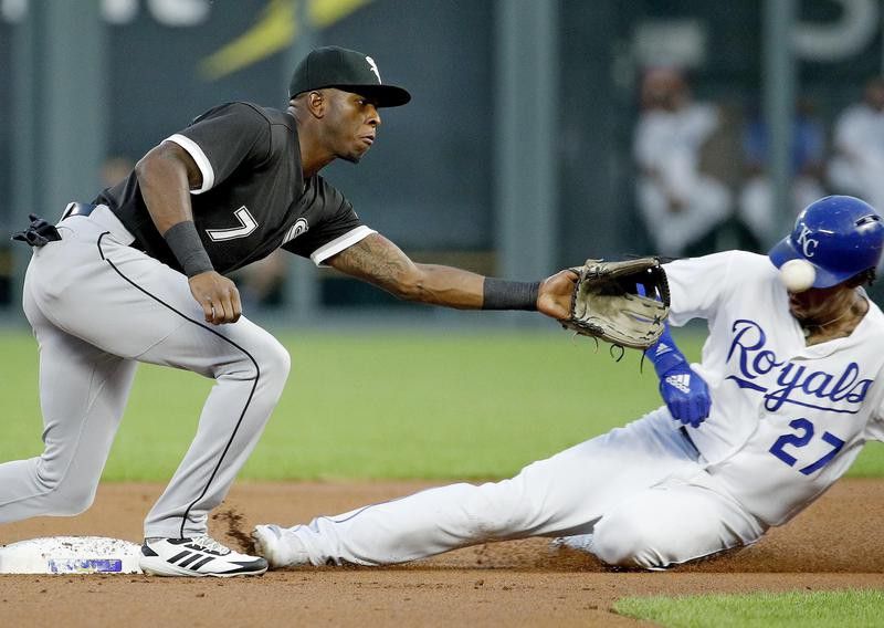 Tim Anderson of the Chicago White Sox prepares to tag Mondesi of the Royals out