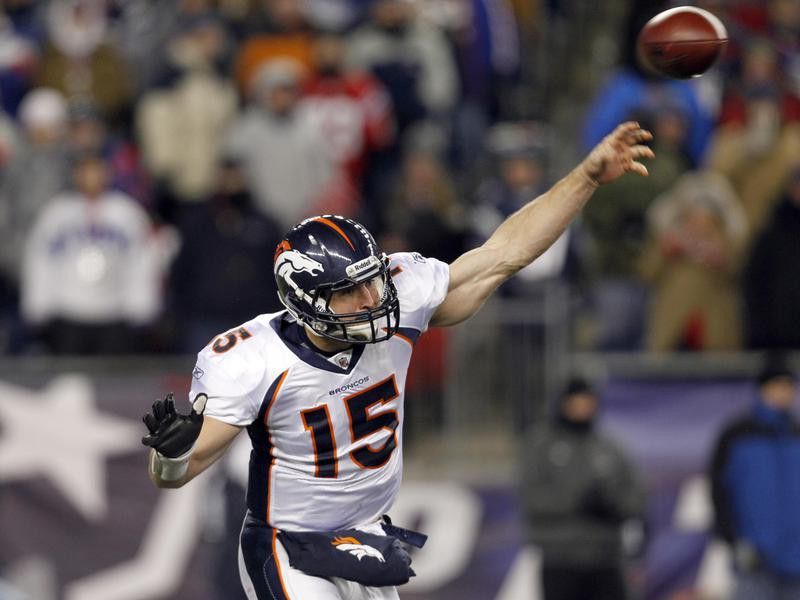 Tim Tebow of the Denver Broncos throws the football in the playoffs