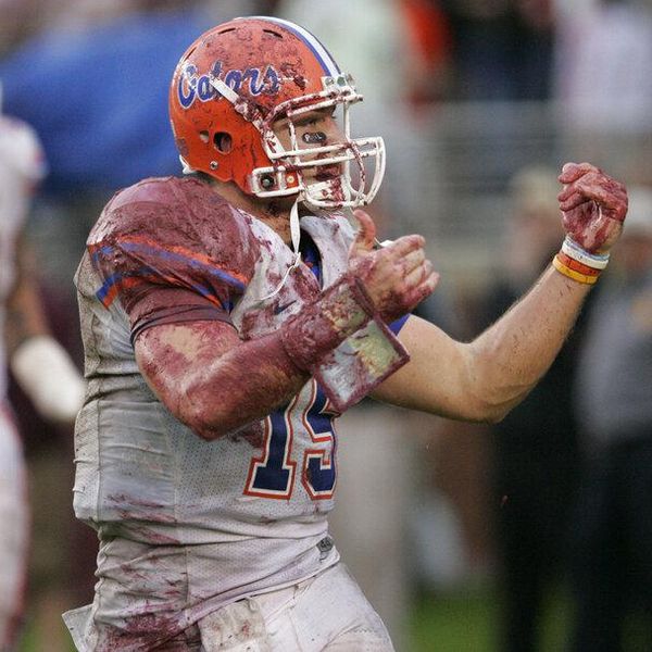 OUT OF CAMERA FILE - Florida quarterback Tim Tebow celebrates his second-quarter touchdown during an NCAA college football game against Florida State, Saturday, Nov. 29, 2008, in Tallahassee, Fla. Florida won 45-15. (AP Photo/Steve Cannon)