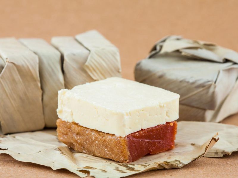 Traditional Colombian sweet Bocadillo served with white cheese