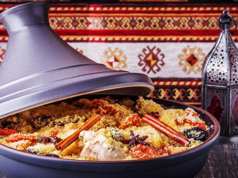 Traditional moroccan tajine of chicken with dried fruits