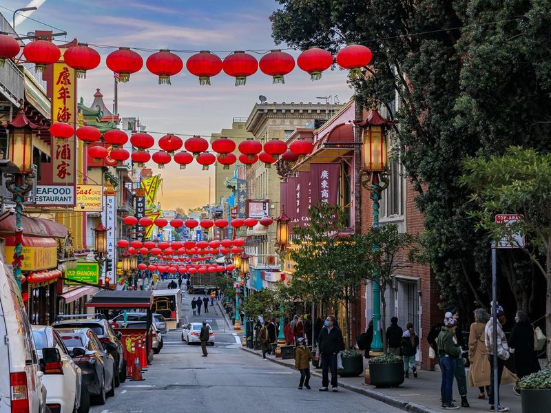 Traditional shops, lanterns and a pagoda in San Francisco Chinatown