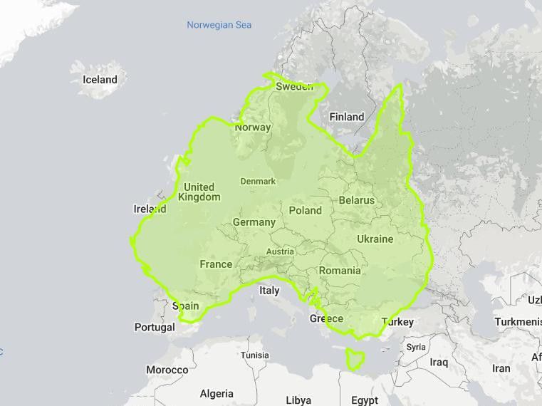 True size of Australia compared to Europe