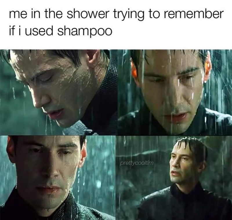 Trying to remember if you already washed your hair in the shower meme