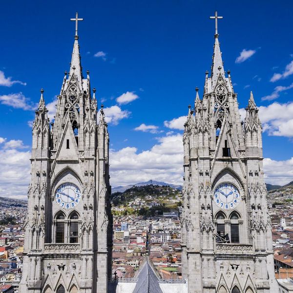Stunning view of twin clock tower of the Basilica del Voto Nacional, Quito, Ecuador