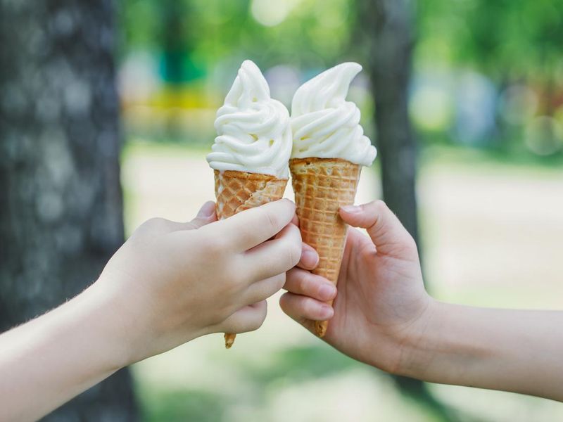 Two cones with ice cream in children's hands