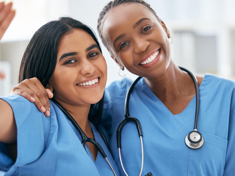 Two nurses smiling at hospital