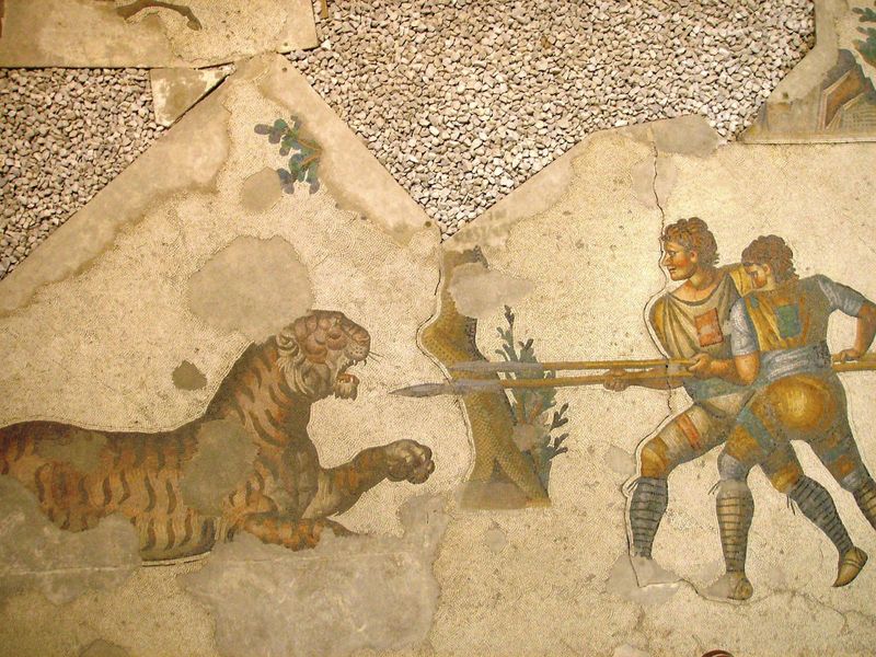 Two venatores fighting a tiger