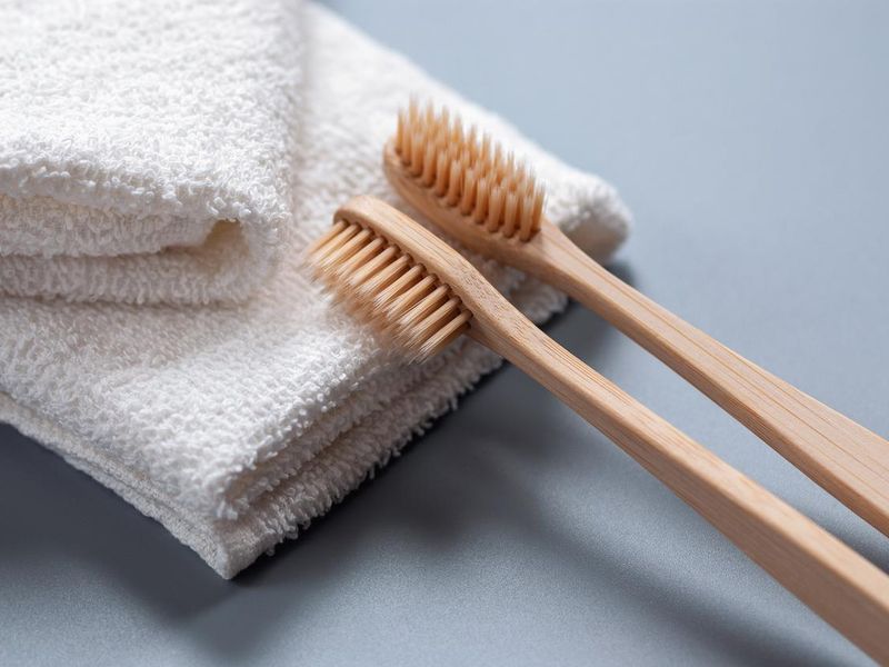 Two wooden toothbrushes and white towels on gray background