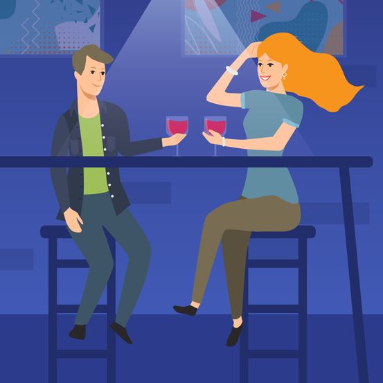 Two young couples enjoying drinks at a bar sitting chatting together at a table, colored vector illustration