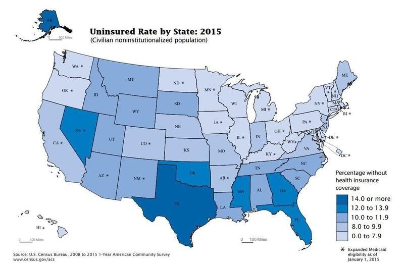 Uninsured rate by state in 2015