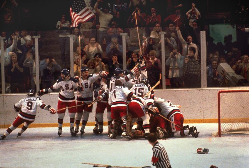 U.S. hockey team celebrates after beating Soviet team in 1980 Winter Olympics