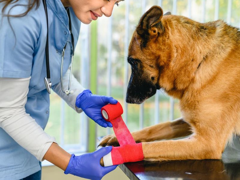 Veterinarian bandaging a paw of a dog