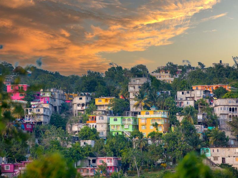 Vibrant color houses on hillside in Jamaica