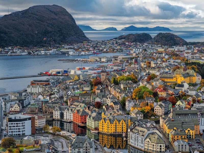 View from aksla hill on Alesund, Norway, at dusk