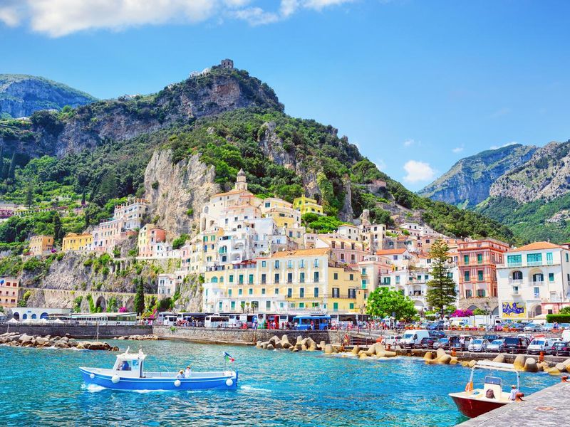 View of Amalfi from the sea in Italy