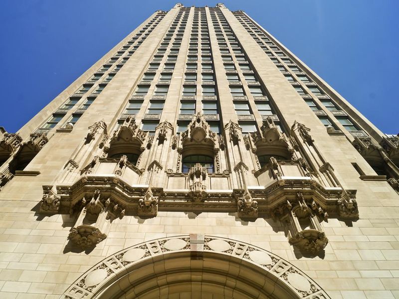 View of Tribune Tower in Chicago, Illinois, United States.
