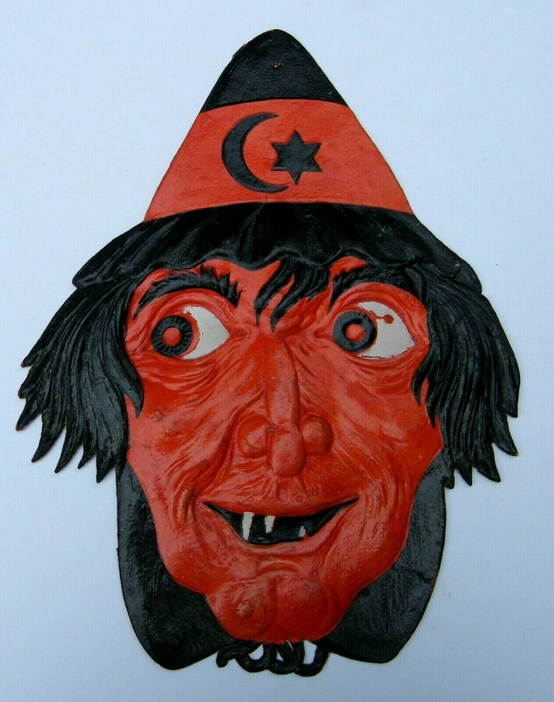 Vintage 1920s German Embossed Scary Witch Die-Cut Wall Decoration