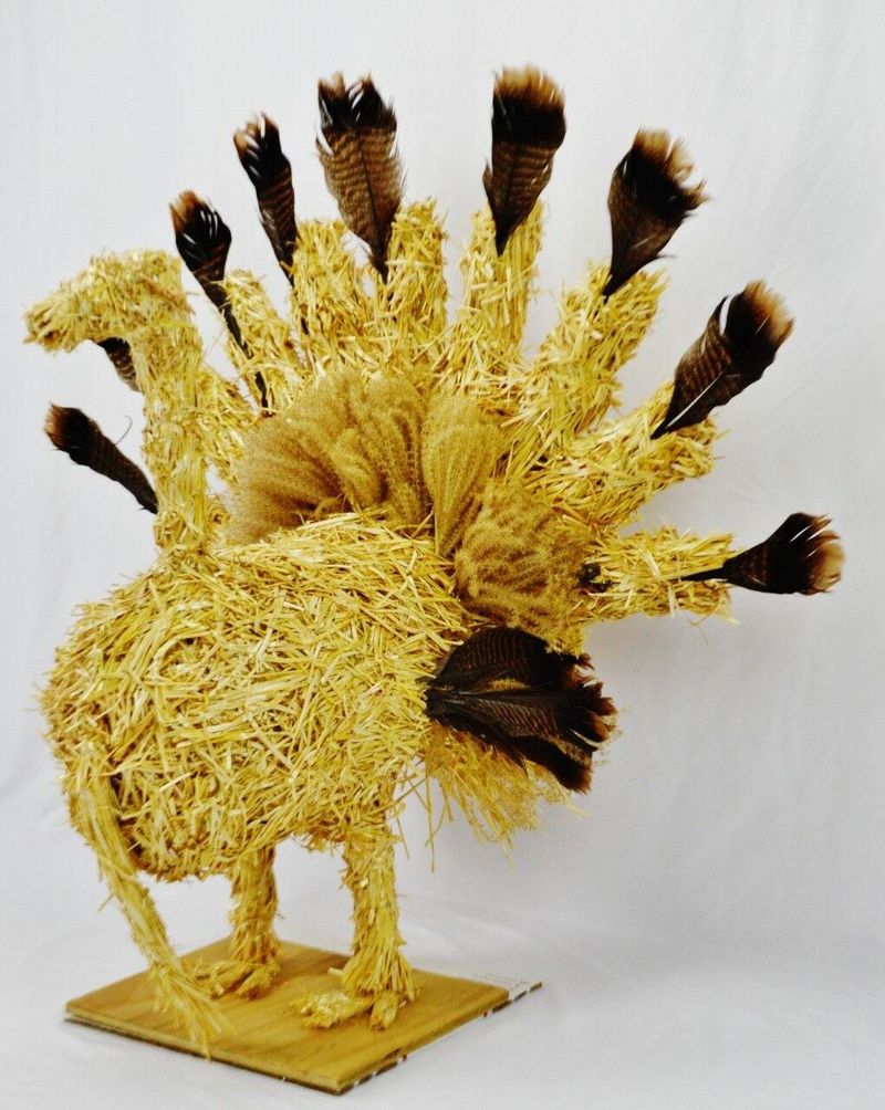 Vintage Folk Art Thanksgiving Straw Turkey Centerpiece