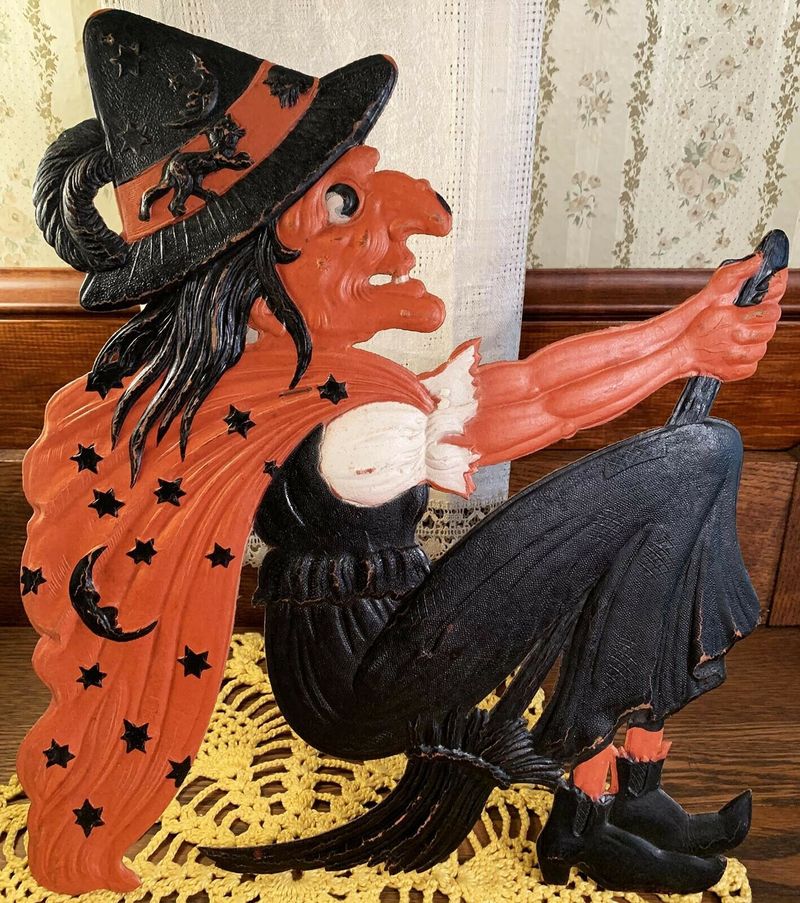Vintage Halloween Broomed Witch Stand-Up Die-Cut Decoration