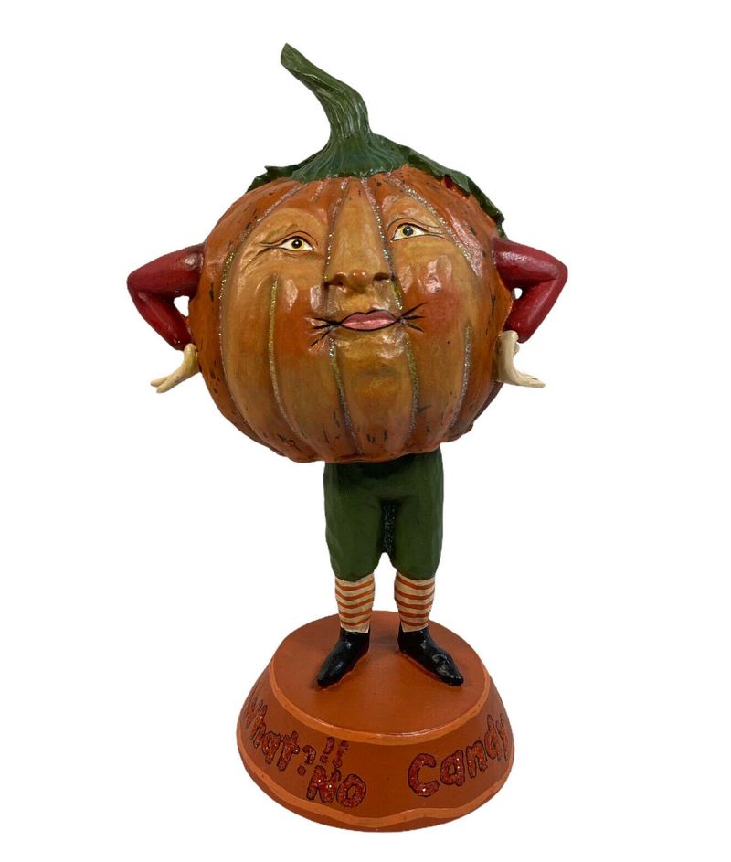 Vintage Halloween Joe Spencer Folk Art Standing Pumpkin Funny Bobble Doll, Signed