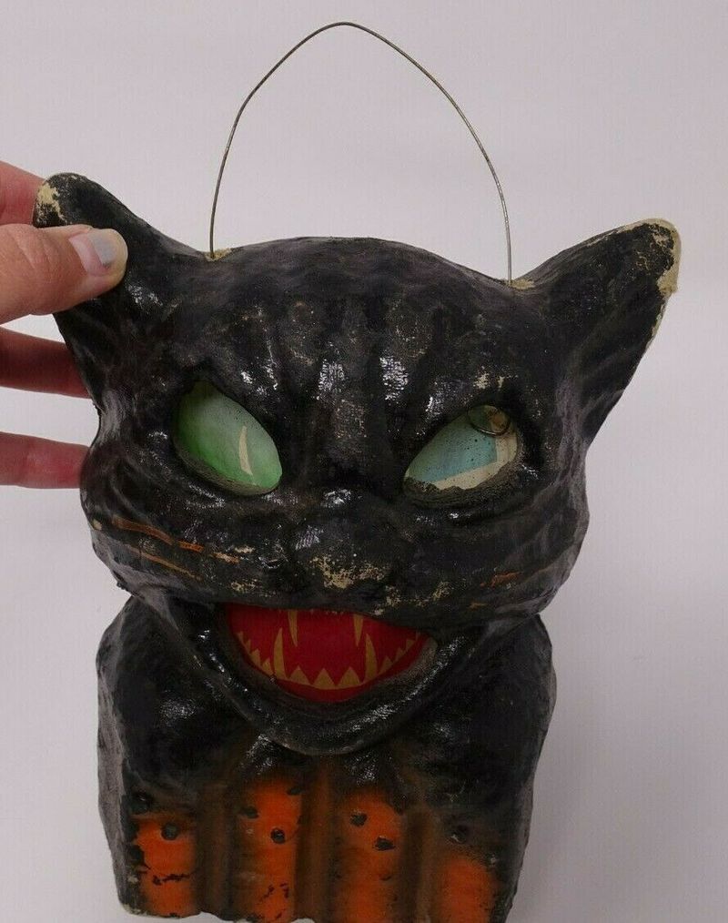 Vintage Halloween Pulp Paper Mache Black Cat Lantern With Original Face Insert