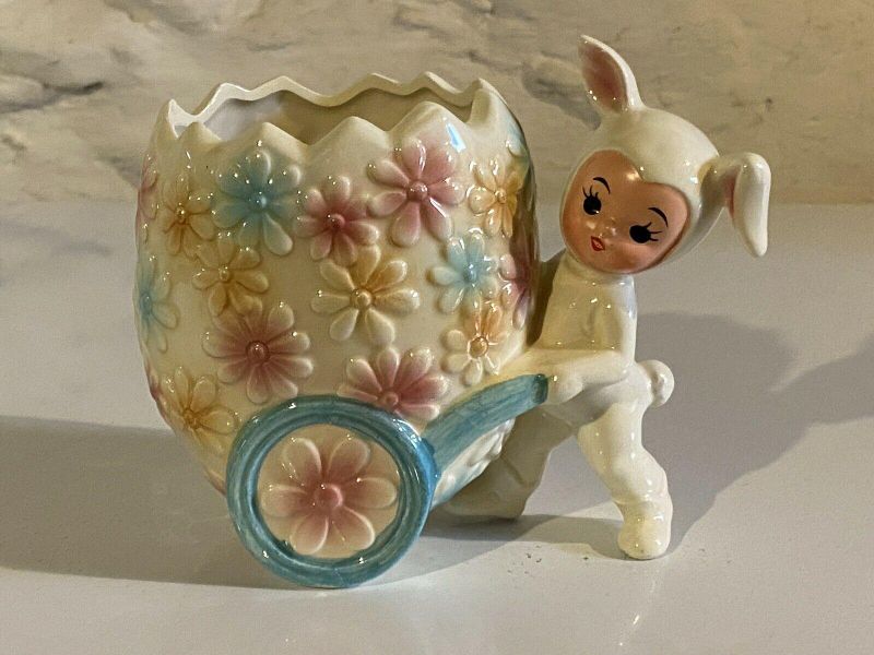 Vintage Relpo Easter Bunny Pixie Egg Cart Planter