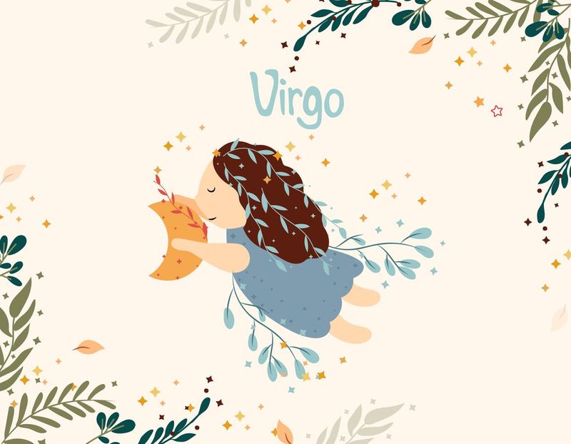 Virgo zodiac sign. Cute banner with The Virgo Holding the Moon, stars, flowers, and leaves. Astrological sign of the zodiac. Vector illustration.