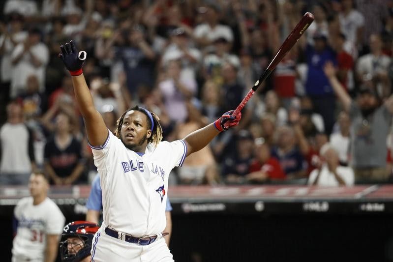 Vladimir Guerrero Jr. of Toronto Blue Jays reacts after home run during Home Run Derby