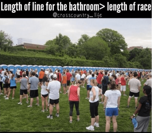 Waiting in the bathroom line at a cross-country race