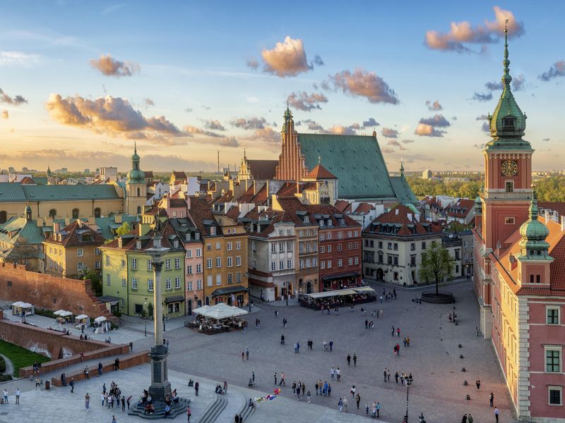 Warsaw, royal castle and old town at sunset in Poland