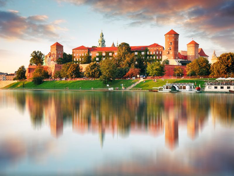 Wawel Hill with castle at sunset in Krakow, Poland