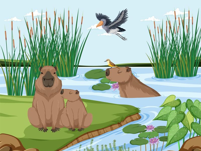Wetland forest scene with capybara