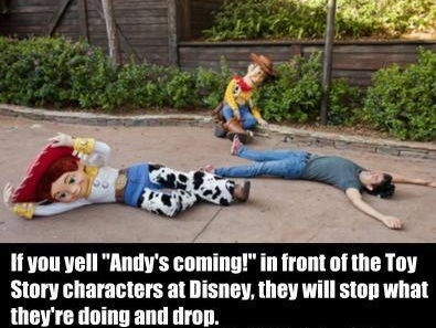 What happens when you yell "Andy's coming!" in front of Toy Story characters