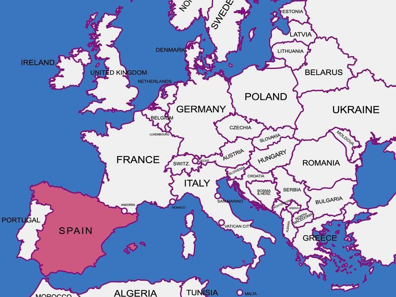 Where is Spain located in Europe?