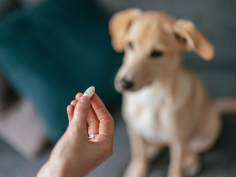 Woman giving a dog a pill
