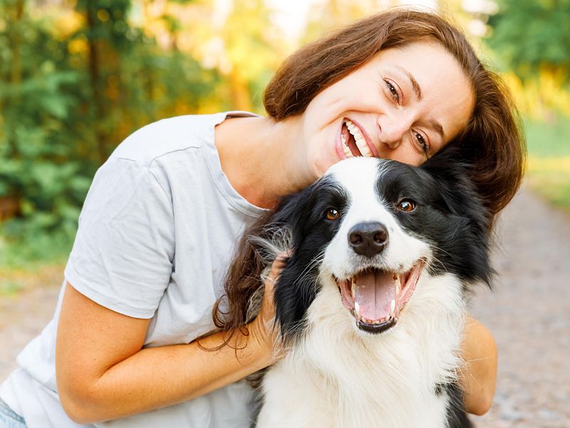 Woman playing with cute border collie