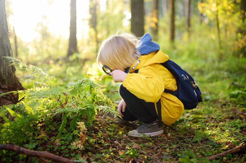 Young boy exploring nature with a magnifying glass