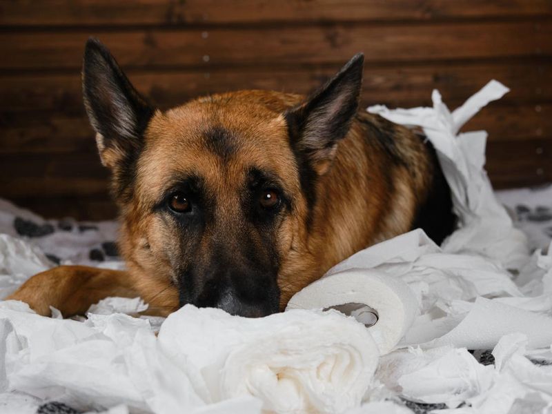 Young crazy dog is making mess at home. Dog is alone at home entertaining by eating toilet paper. Charming German Shepherd dog playing with paper lying on bed.