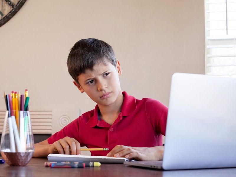 Young student learning with online education program