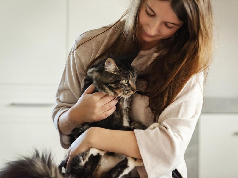 Young woman with her cat at home relaxing