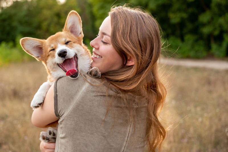 young woman with laughing corgi puppy, nature background