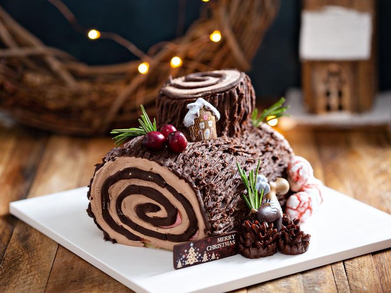 Yule log roll cake for Christmas