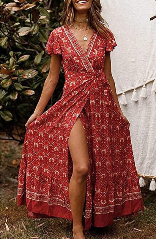 Zesica Women's Bohemian Floral Printed Wrap V Neck Short Sleeve Split Beach Party Maxi Dress
